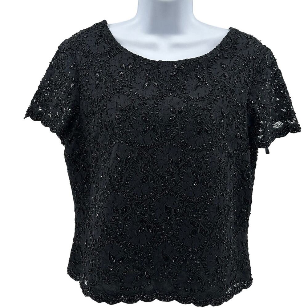 NEXT Ladieswear Blouse WMNS 10 Black Lace Beaded Short Sleeve Scallop Trim Lined